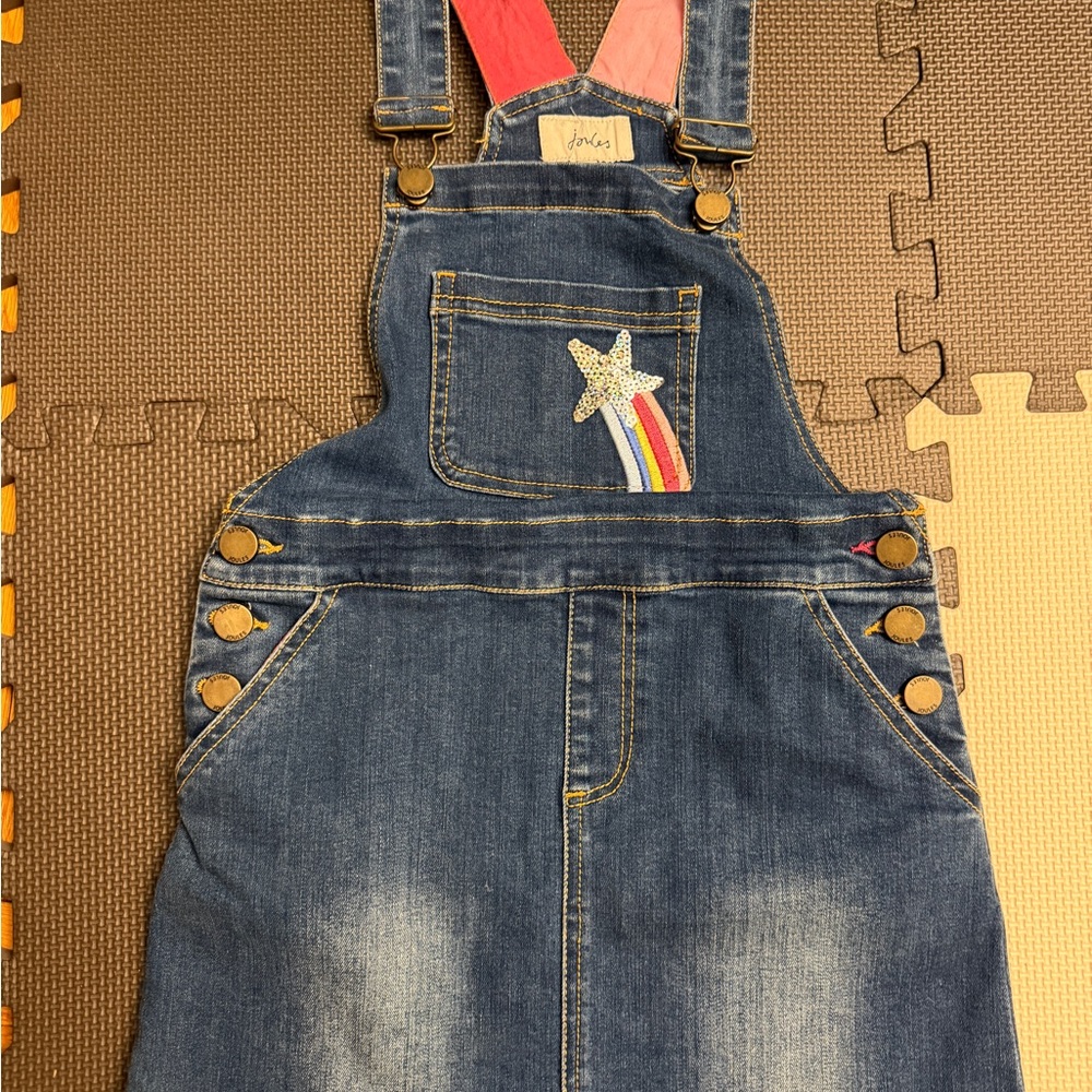 Joules Denim Girls' Overall Dress with Rainbow Star Patch - Blue & Red Size 6